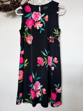 Jessica Howard Black Floral Crewneck  Sleeves Dress with Pink Coral Blooms